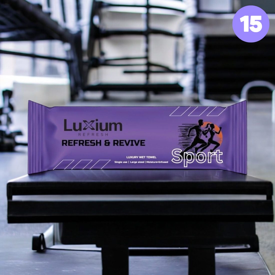 Luxium Sport Wet Towels 15 Pack in gym setting